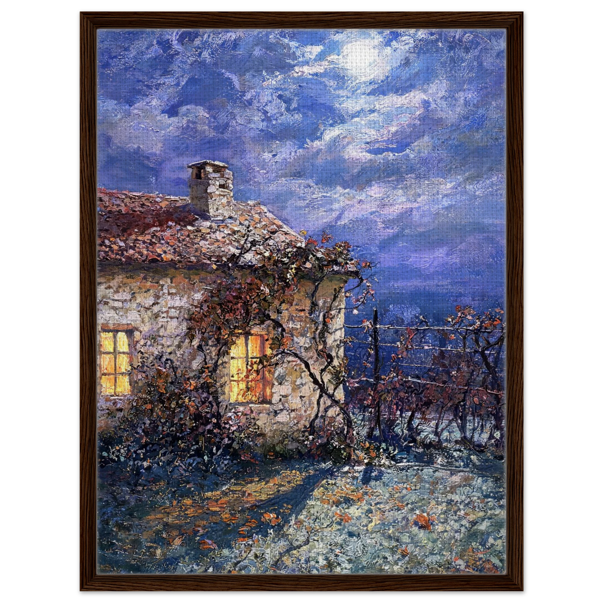 Moonlit Stone Cottage Framed Canvas Wall Art | Gallery Style Decor