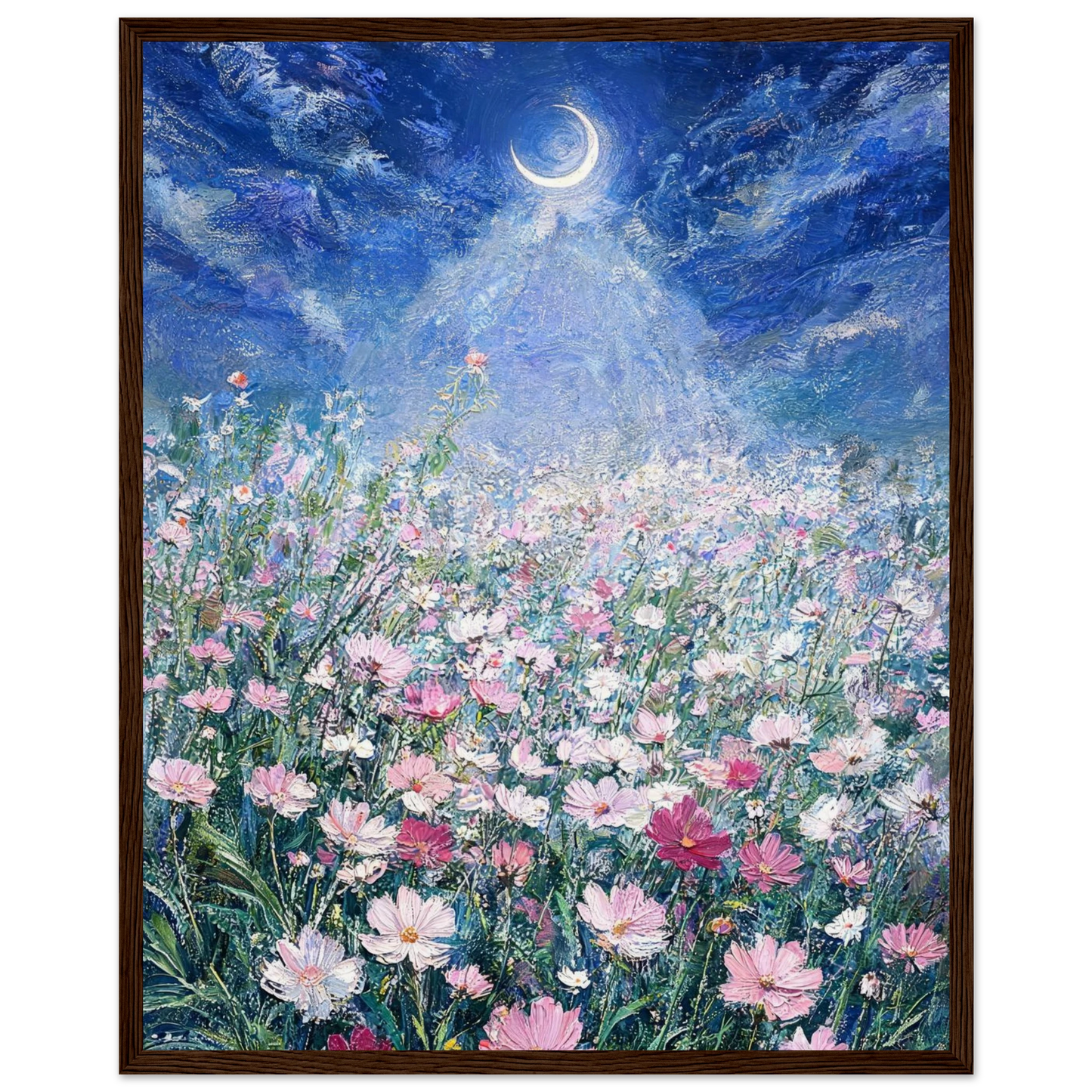 Moonlit Cosmos Meadow ready-to-hang wooden framed poster by Vintstep