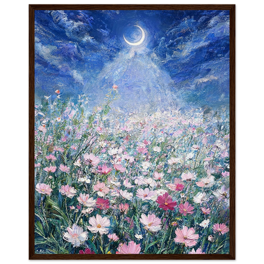 Moonlit Cosmos Meadow ready-to-hang wooden framed poster by Vintstep