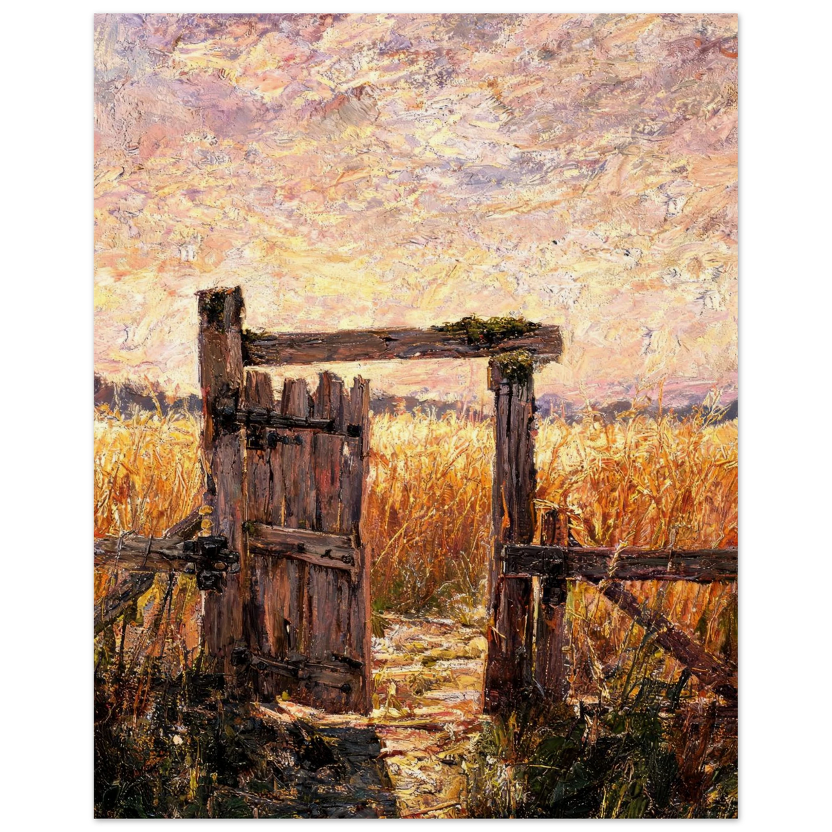 Fine art print of a rustic open wooden gate overlooking a golden field under a textured sunset sky.
