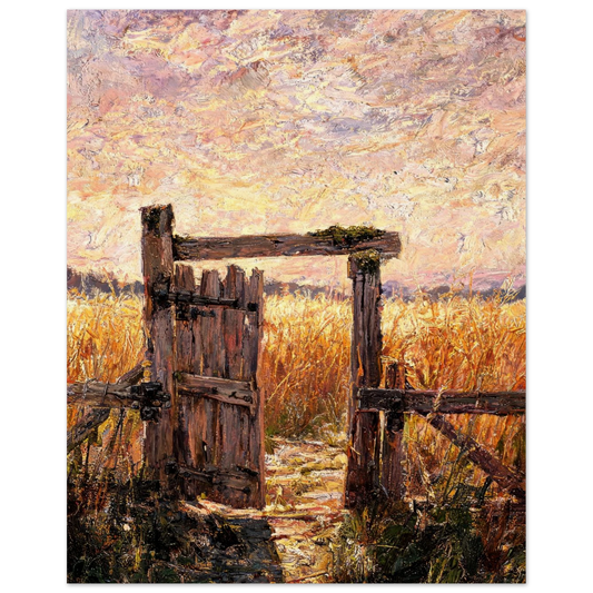 Fine art print of a rustic open wooden gate overlooking a golden field under a textured sunset sky.