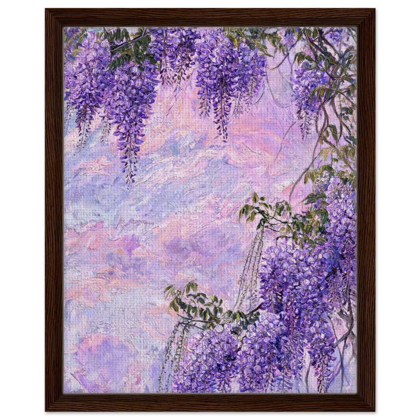 Premium framed canvas print of a cascading purple wisteria landscape.