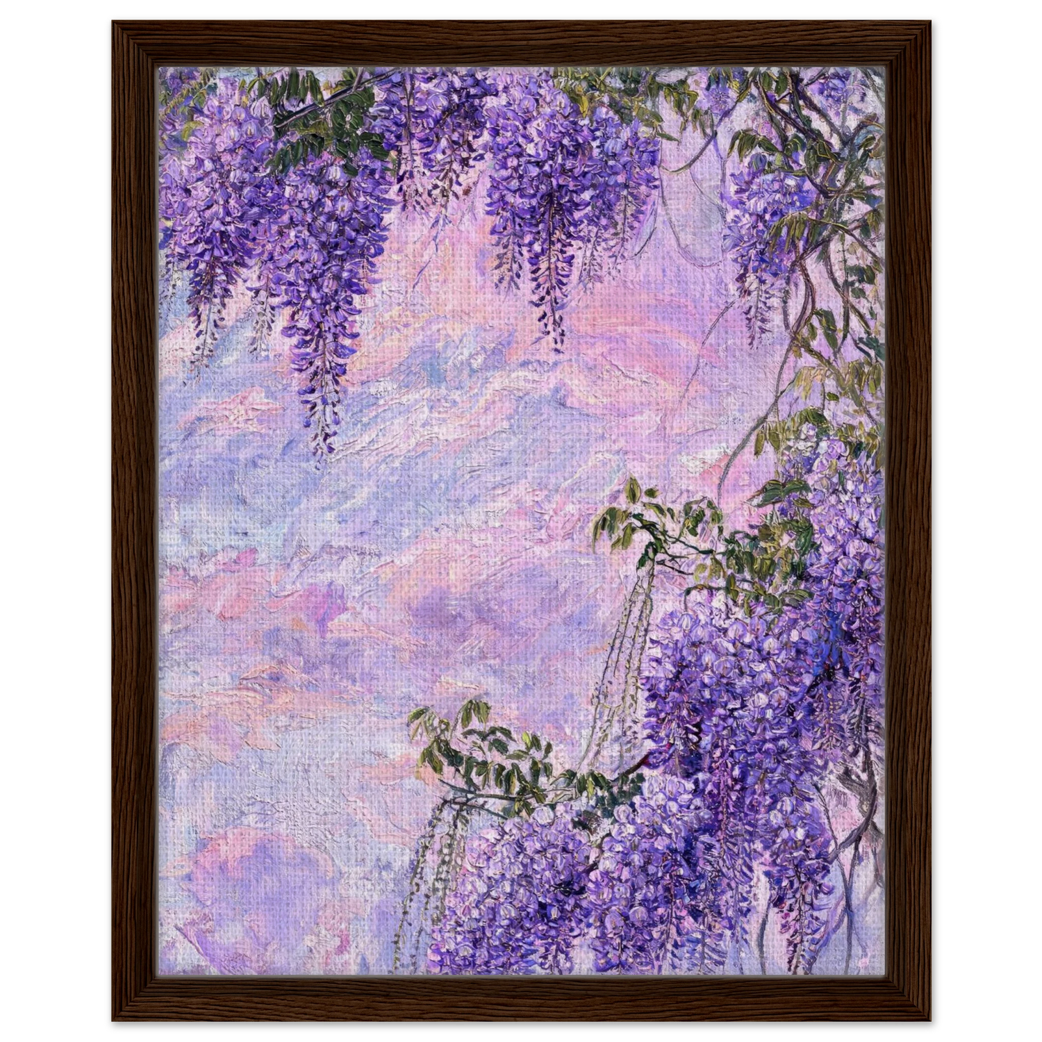 Premium framed canvas print of a cascading purple wisteria landscape.