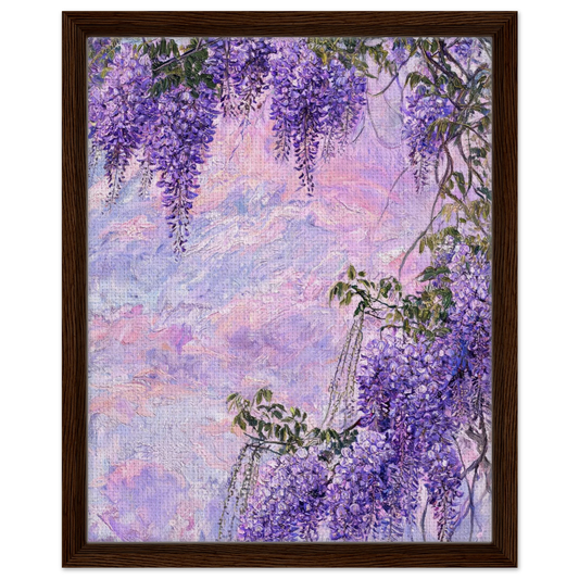 Premium framed canvas print of a cascading purple wisteria landscape.