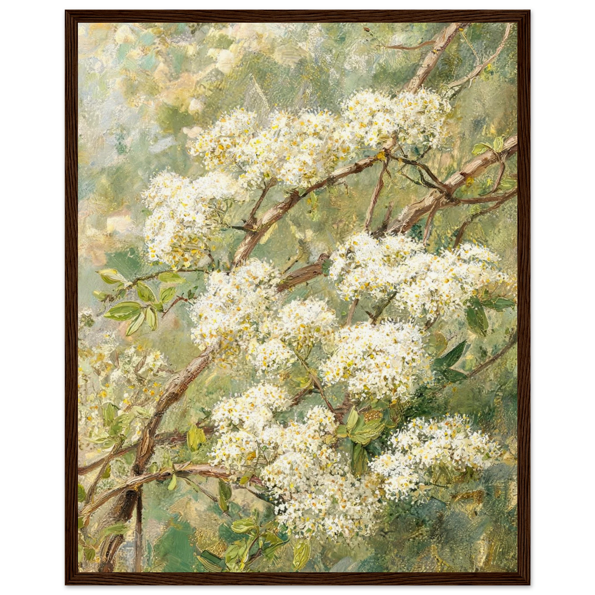 Wooden framed fine art print of an Impressionist white blossom branch painting showcasing vibrant natural light and rich tactile textures.