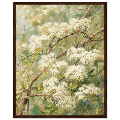 Wooden framed fine art print of an Impressionist white blossom branch painting showcasing vibrant natural light and rich tactile textures.