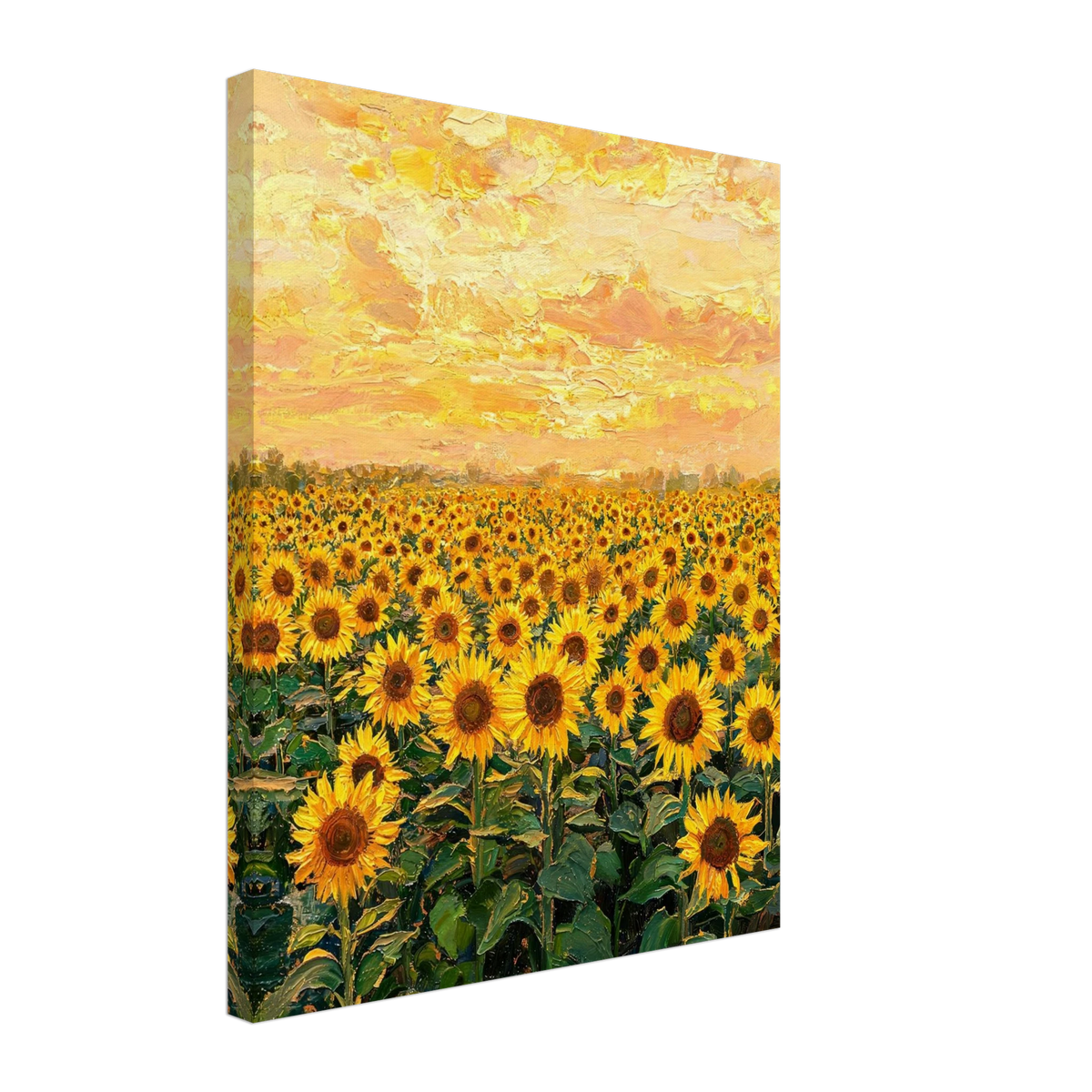 Canvas print of a textured oil painting showing radiant sunset light reflecting across a blooming sunflower field.