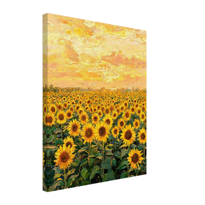 Canvas print of a textured oil painting showing radiant sunset light reflecting across a blooming sunflower field.