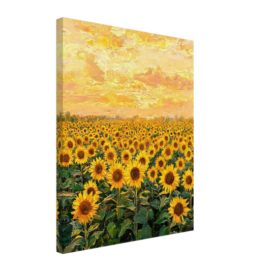 Canvas print of a textured oil painting showing radiant sunset light reflecting across a blooming sunflower field.