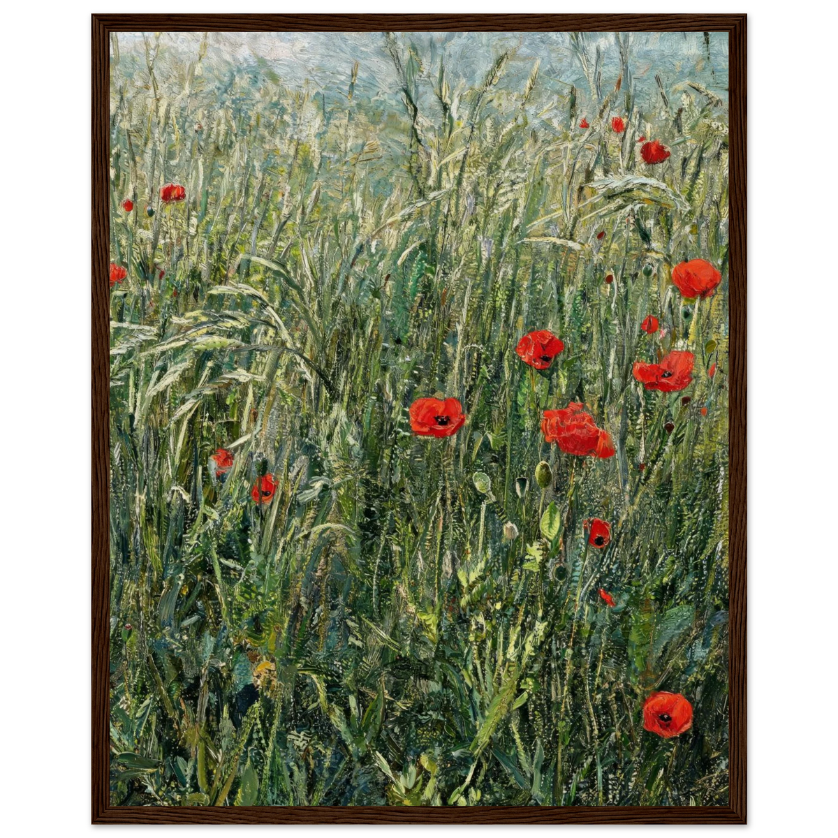 Wooden framed fine art print of an Impressionist red poppy field painting showcasing vibrant natural light and rich tactile textures.