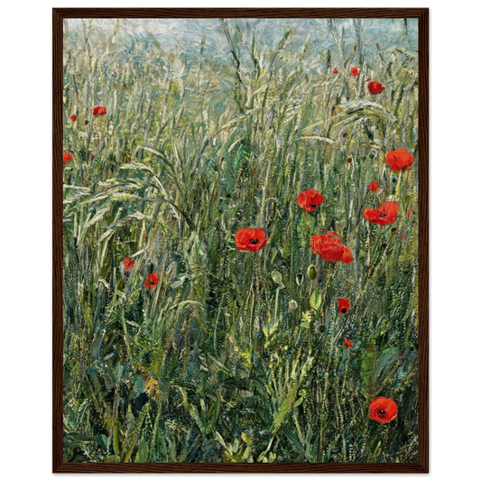 Wooden framed fine art print of an Impressionist red poppy field painting showcasing vibrant natural light and rich tactile textures.