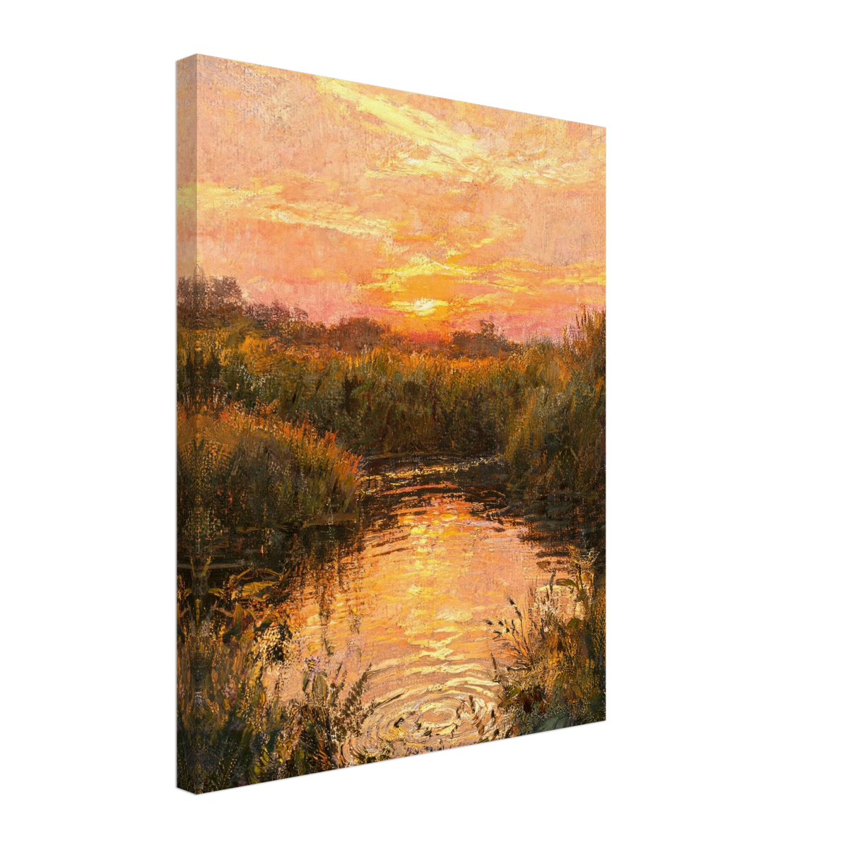 Canvas print featuring a textured oil painting of a glowing river at sunset surrounded by lush banks.