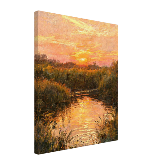 Canvas print featuring a textured oil painting of a glowing river at sunset surrounded by lush banks.