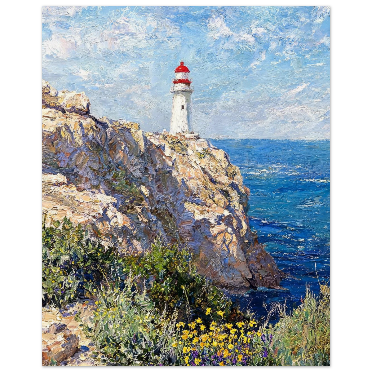 Vintage impressionist fine art print featuring a red-and-white lighthouse on rugged coastal cliffs overlooking blue sea with wildflowers