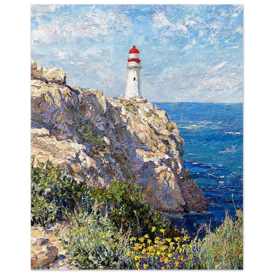 Vintage impressionist fine art print featuring a red-and-white lighthouse on rugged coastal cliffs overlooking blue sea with wildflowers