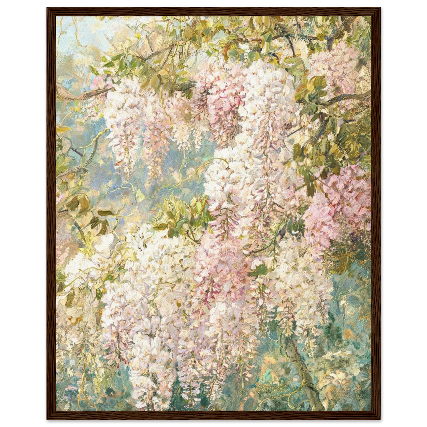 Wooden framed fine art print of an Impressionist wisteria cascading floral painting showcasing vibrant light and rich tactile textures.