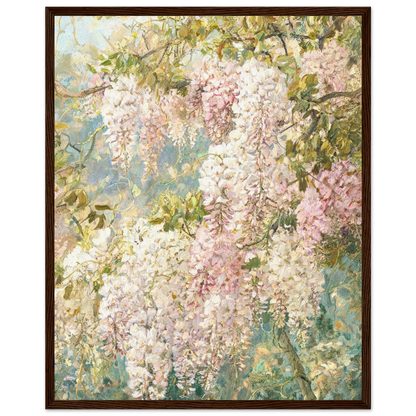 Wooden framed fine art print of an Impressionist wisteria cascading floral painting showcasing vibrant light and rich tactile textures.