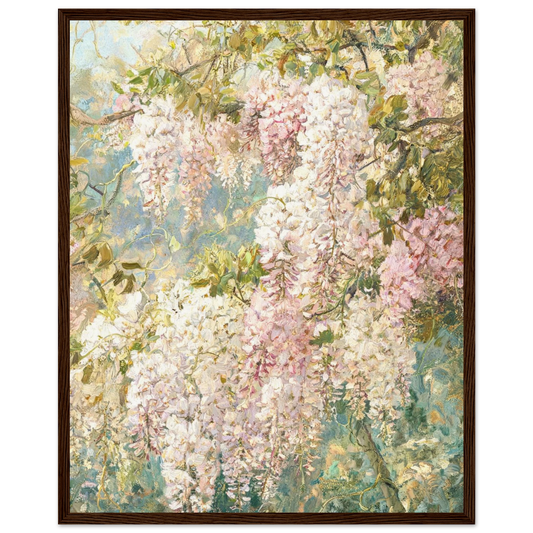 Wooden framed fine art print of an Impressionist wisteria cascading floral painting showcasing vibrant light and rich tactile textures.