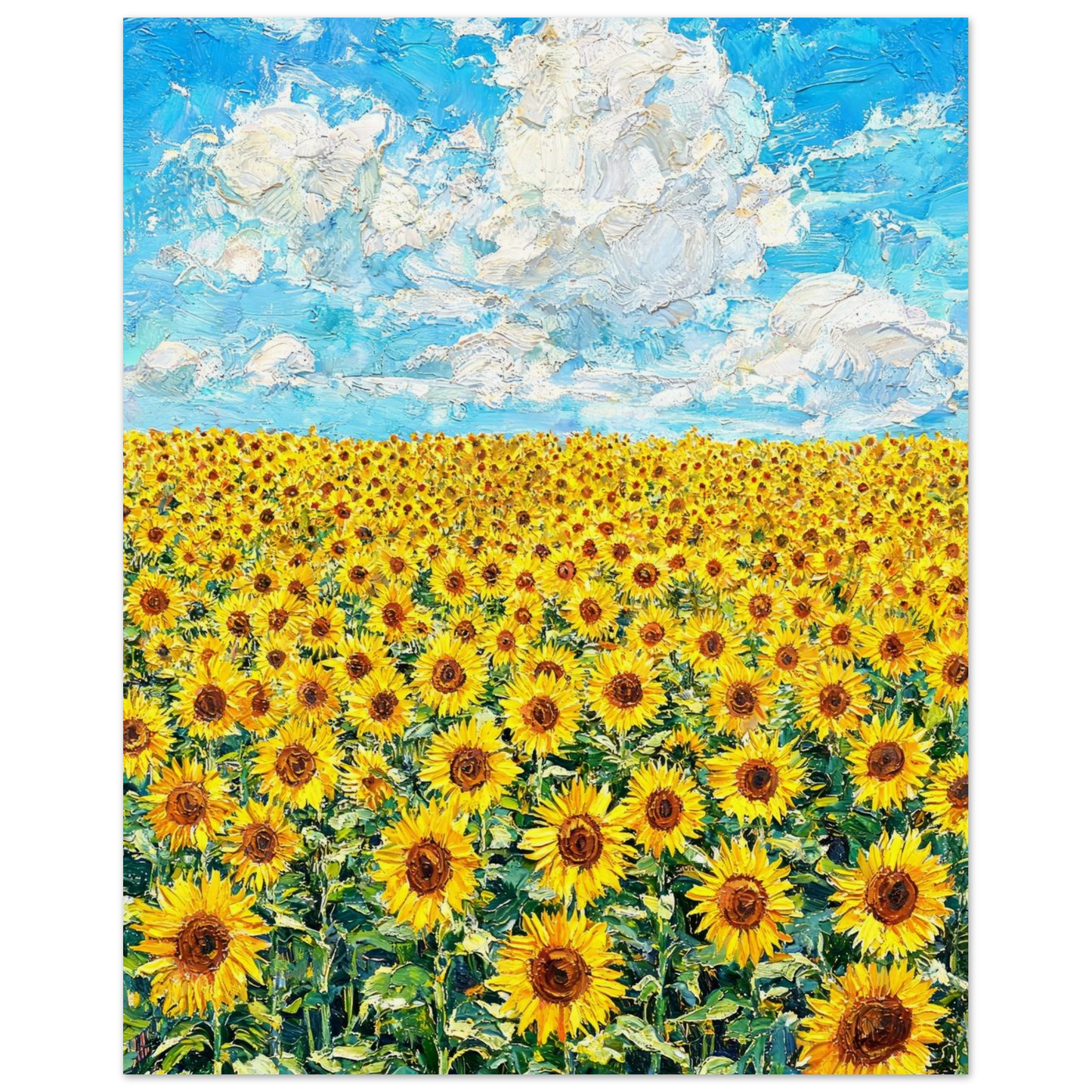 Fine art print of an impressionist oil painting featuring a vibrant sunflower field under a bright blue sky with fluffy clouds.