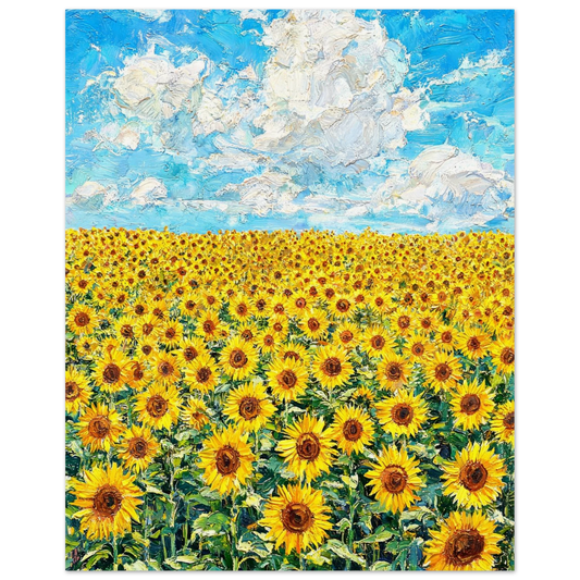 Fine art print of an impressionist oil painting featuring a vibrant sunflower field under a bright blue sky with fluffy clouds.