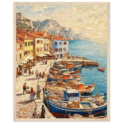 Framed Coastal Fishing Village Art | Vintage Harbor Wall Decor