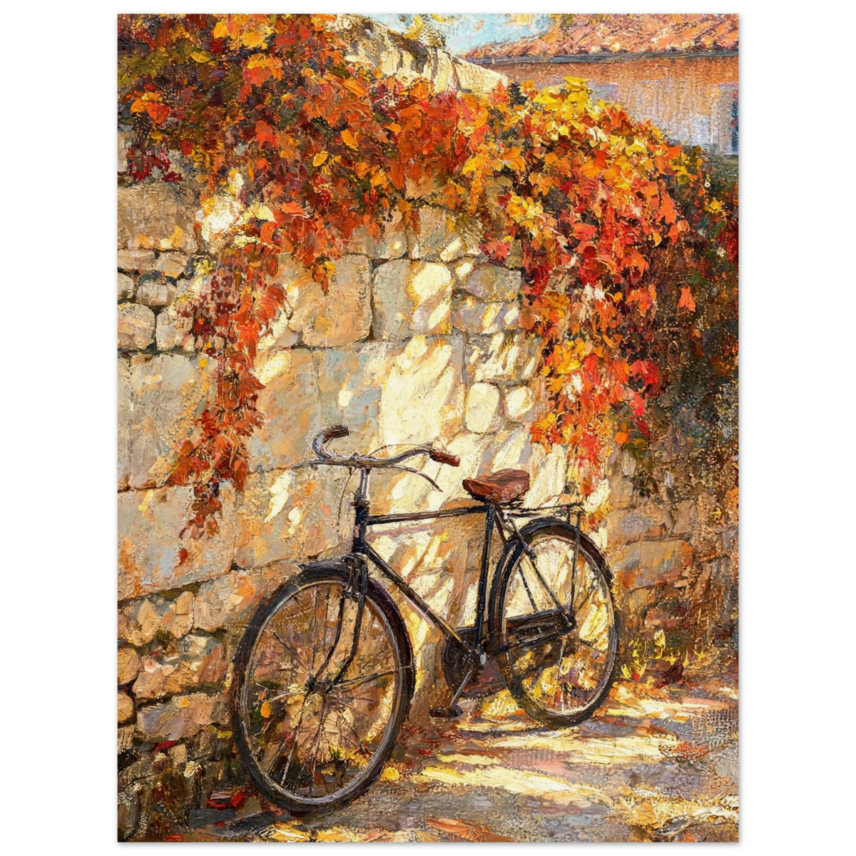 An impressionistic painting of a vintage black bicycle leaning against a sunlit stone wall covered with orange and red autumn ivy.