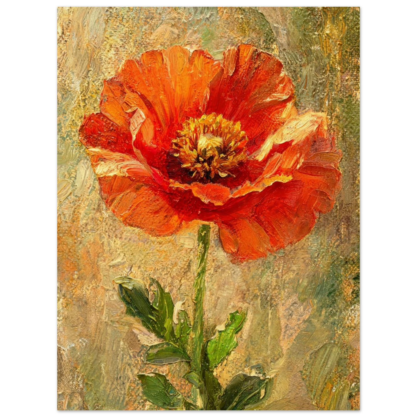 An impressionistic painting of a single red-orange poppy flower with green leaves on a textured beige and olive background.