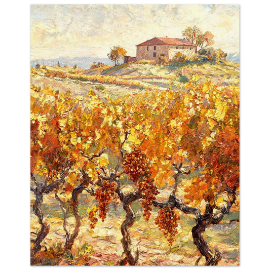 Impressionist-style landscape painting of a vineyard in autumn, with golden and orange grapevines in the foreground, a small stone building on a hill, and a pale sky above.