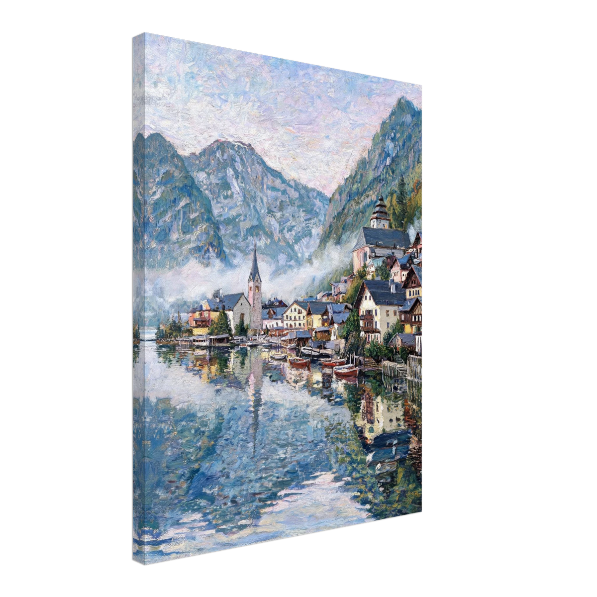 A vertical canvas wall art print depicting an impressionist mountain village scene by a lake, shown at a slight angle against a plain white background.