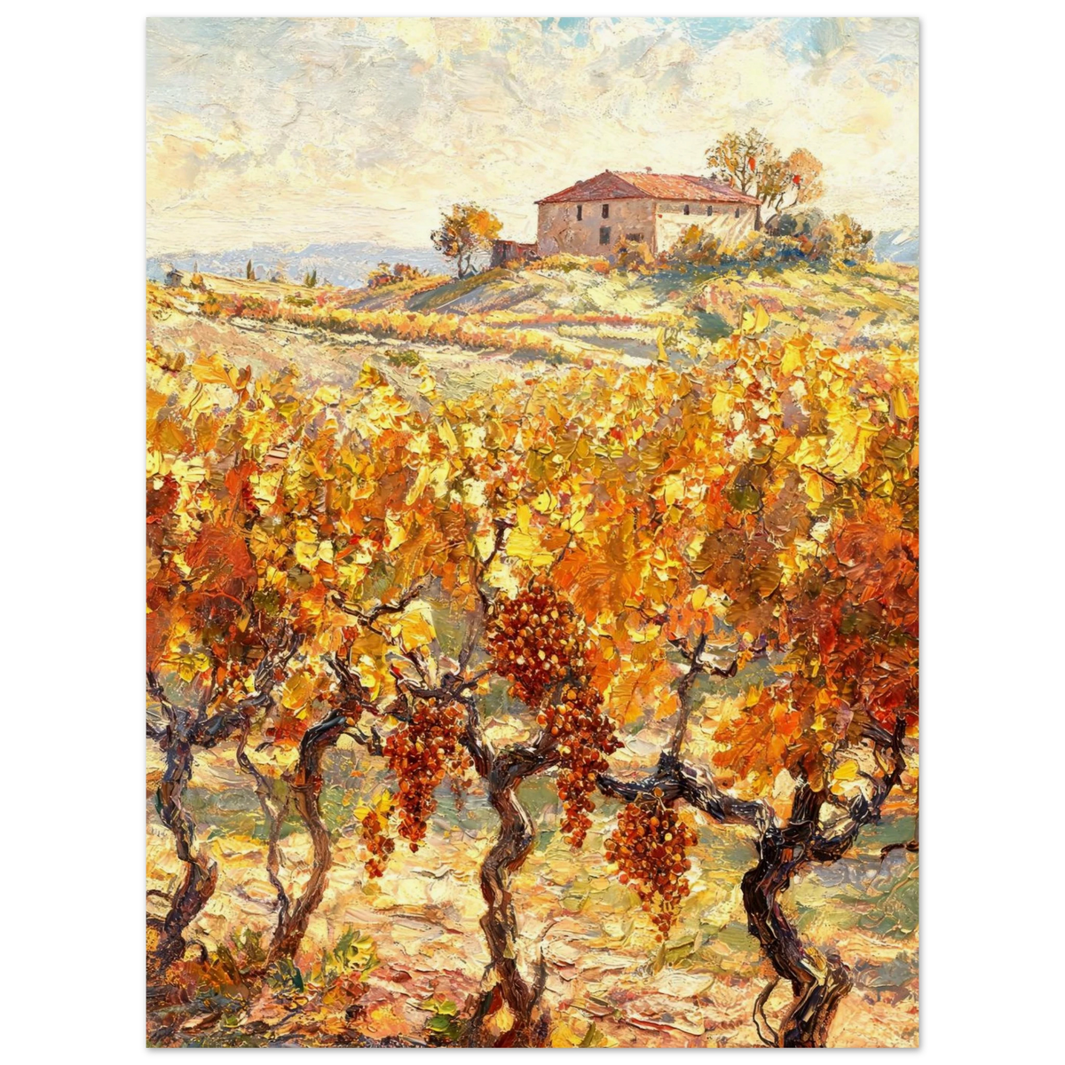 An impressionistic landscape painting of an autumn vineyard with golden-yellow and orange grapevines, clusters of red grapes, a small stone building on a hill, and a cloudy sky.