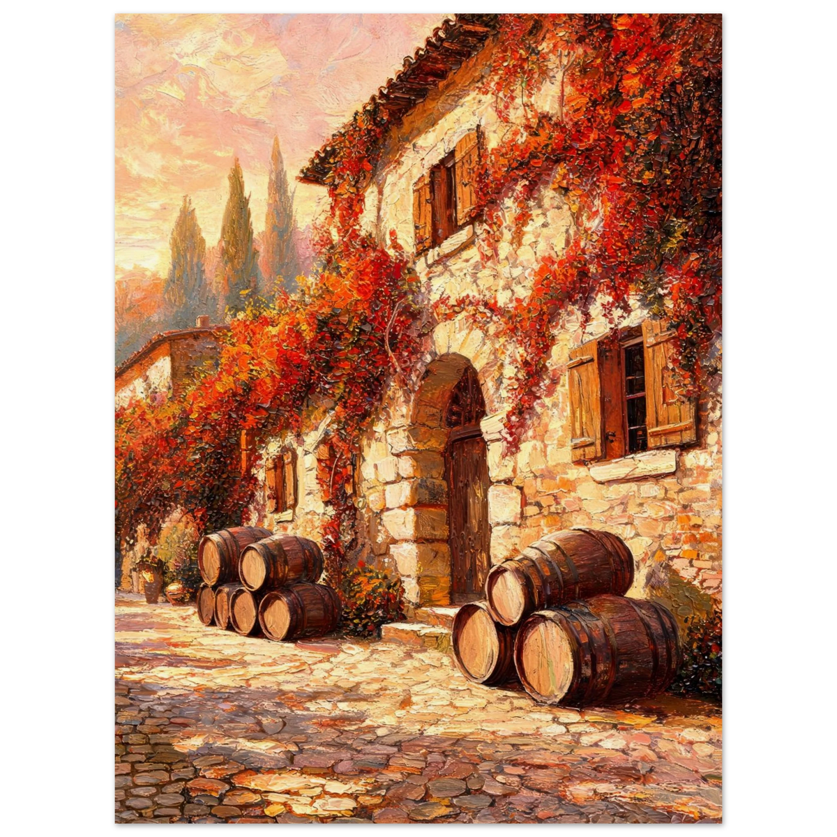 A warm-toned painting of a stone building with red and orange ivy, wooden shutters, a cobblestone courtyard, and stacked barrels in the foreground.