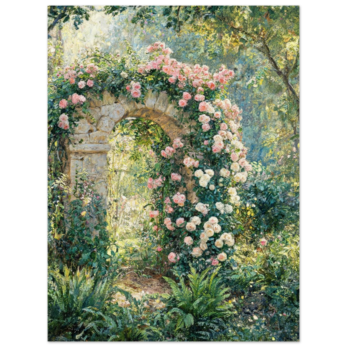 A garden scene artwork showing a stone archway covered with pink and white roses, surrounded by lush green foliage and sunlight filtering through trees.