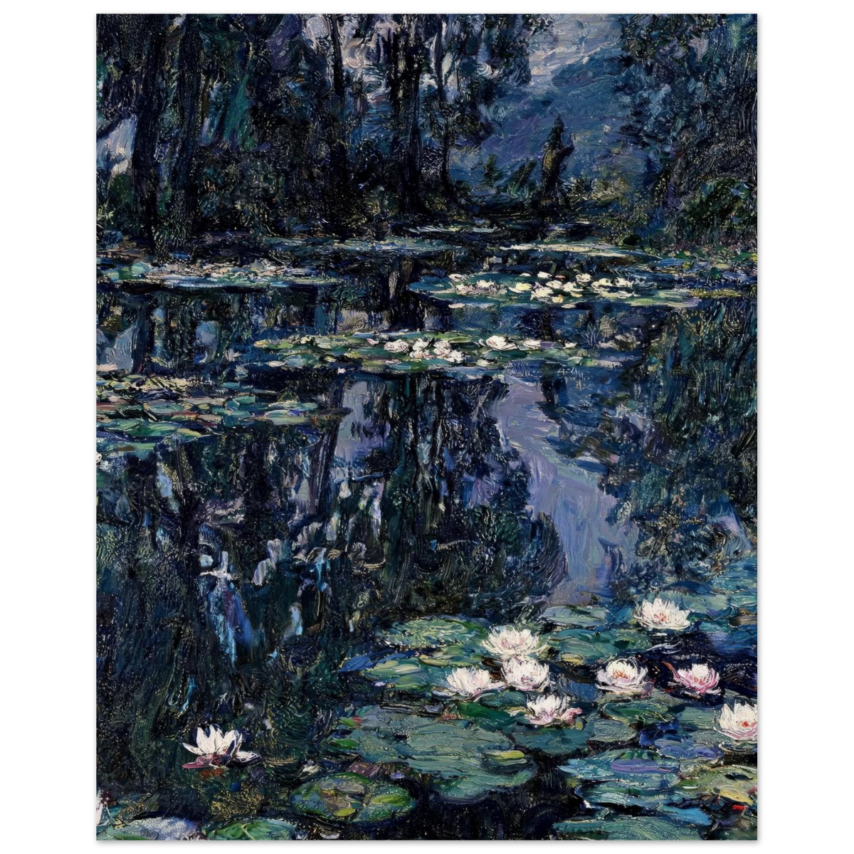 Impressionist-style painting of a pond with water lilies, dark blue and green reflections, and trees along the shoreline, shown as a centered square artwork on a light gray background.