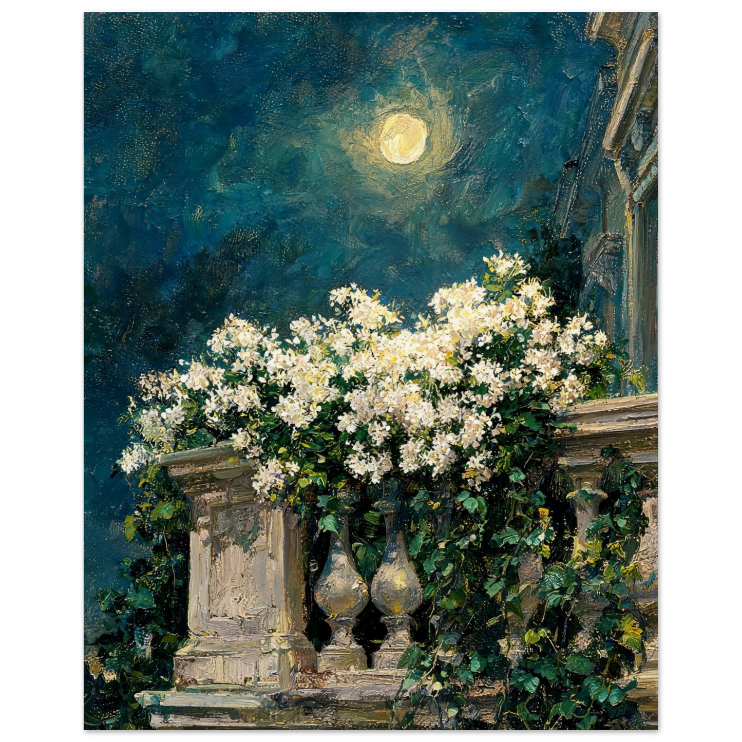 Moonlit Balcony Blooms museum-quality archival paper fine art print by Vintstep