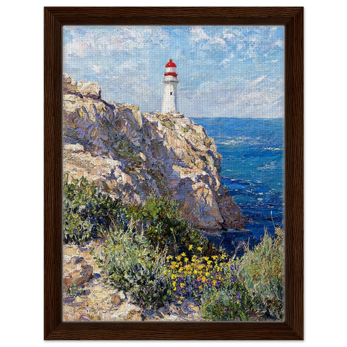 Framed canvas wall art with floating frame showing a textured impressionist painting of a lighthouse on coastal cliffs and sea