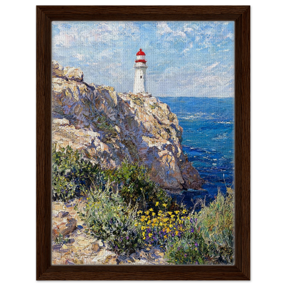 Framed canvas wall art with floating frame showing a textured impressionist painting of a lighthouse on coastal cliffs and sea