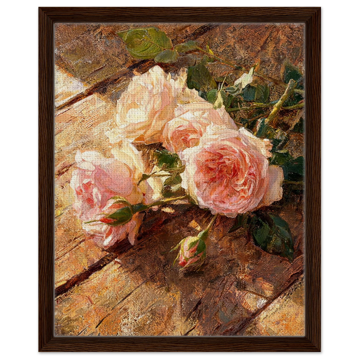 Framed canvas print of an Impressionist peach rose painting mounted in a sleek frame for a polished gallery presentation.