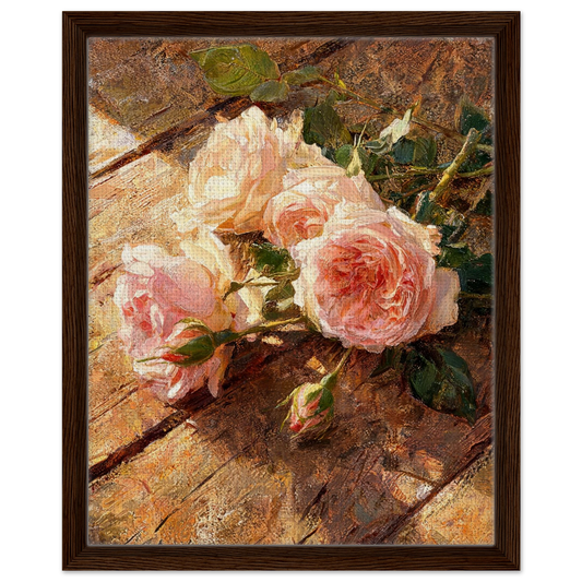 Framed canvas print of an Impressionist peach rose painting mounted in a sleek frame for a polished gallery presentation.