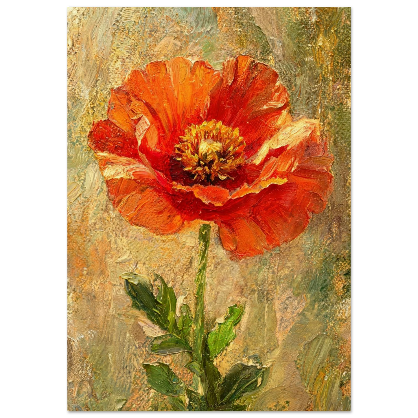An impressionistic painting of a single red-orange poppy flower with green leaves on a textured beige and olive background, shown as a vertical art print centered on a white canvas.