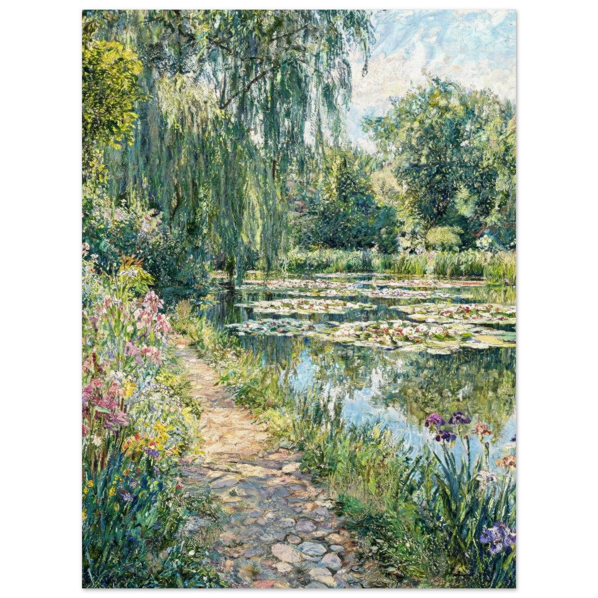 A vertical art print depicting a lush garden scene inspired by Claude Monet's style, featuring a stone path leading to a pond with water lilies, surrounded by green trees, flowers, and a weeping willow.