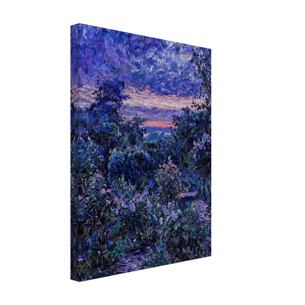 A vertical canvas wall art print featuring an impressionist-style landscape painting in deep blues, purples, and soft pink sunset tones, shown at a three-quarter angle on a white background.