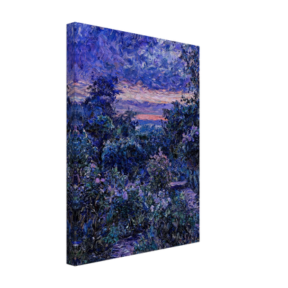 A vertical canvas wall art print featuring an impressionist-style landscape painting in deep blues, purples, and soft pink sunset tones, shown at a three-quarter angle on a white background.