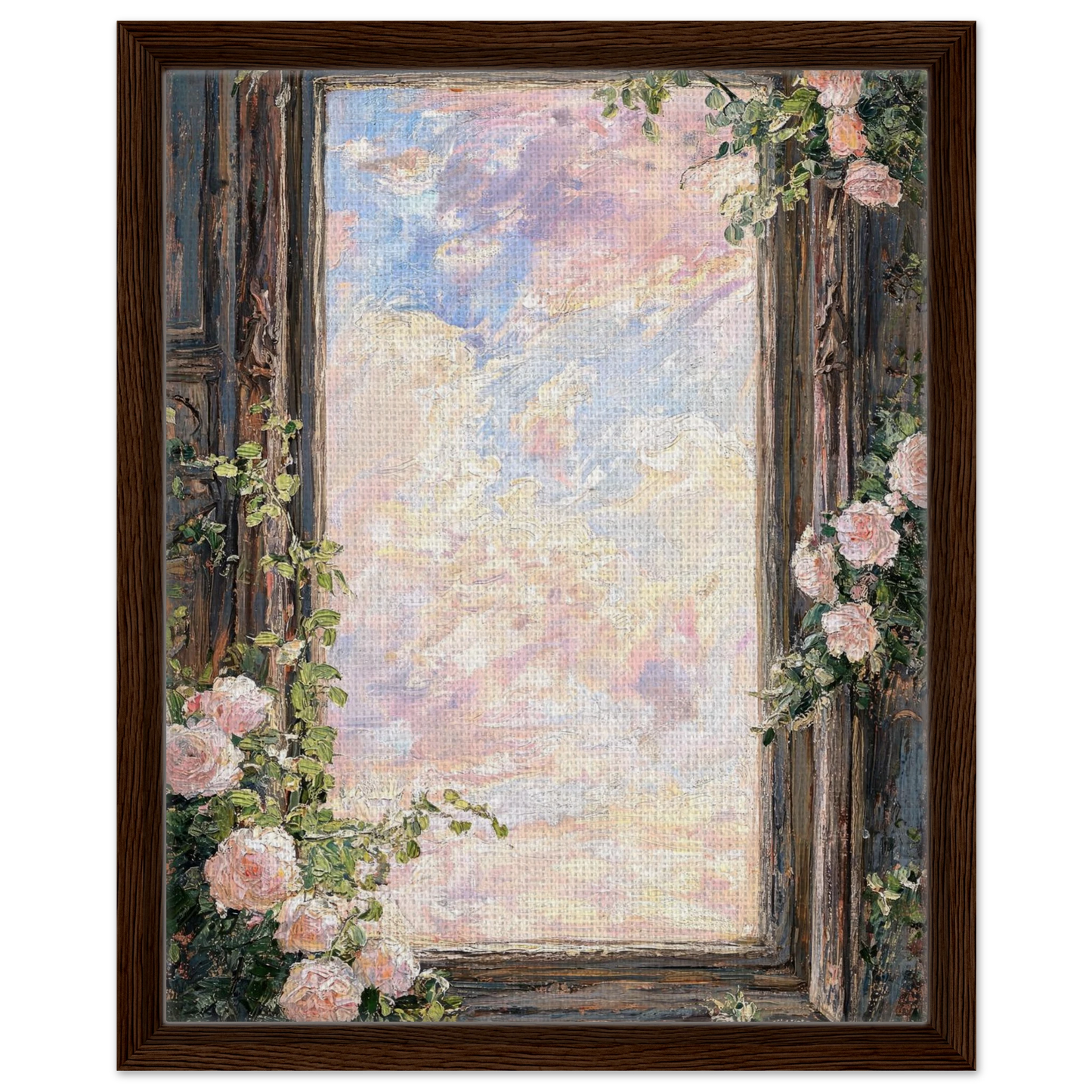 Premium framed canvas print featuring a vintage window, pink roses, and a pastel sky landscape.