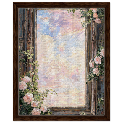 Premium framed canvas print featuring a vintage window, pink roses, and a pastel sky landscape.