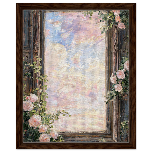Premium framed canvas print featuring a vintage window, pink roses, and a pastel sky landscape.