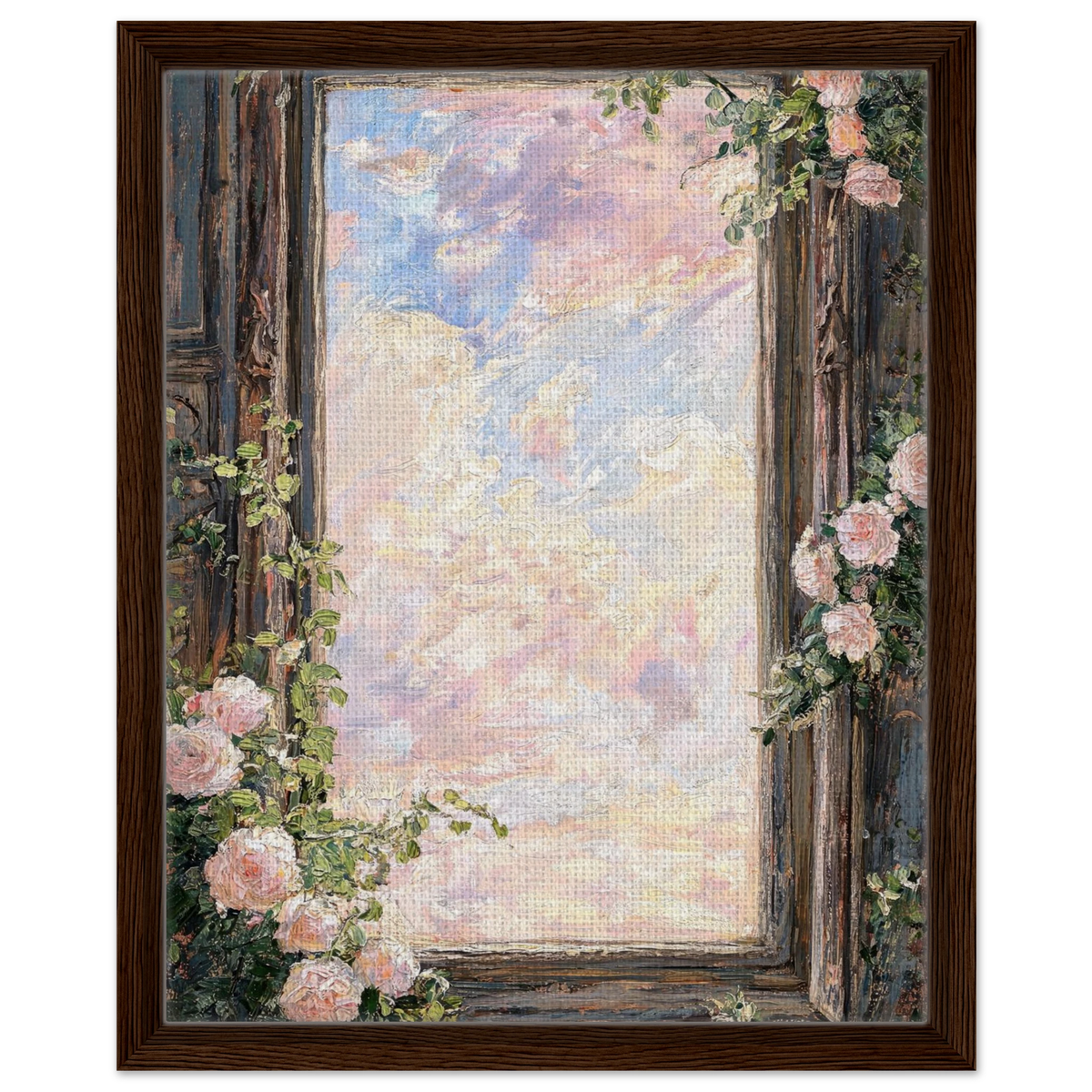 Framed Canvas Art: Romantic Vintage Rose Window | Textured Pastel Sky Print