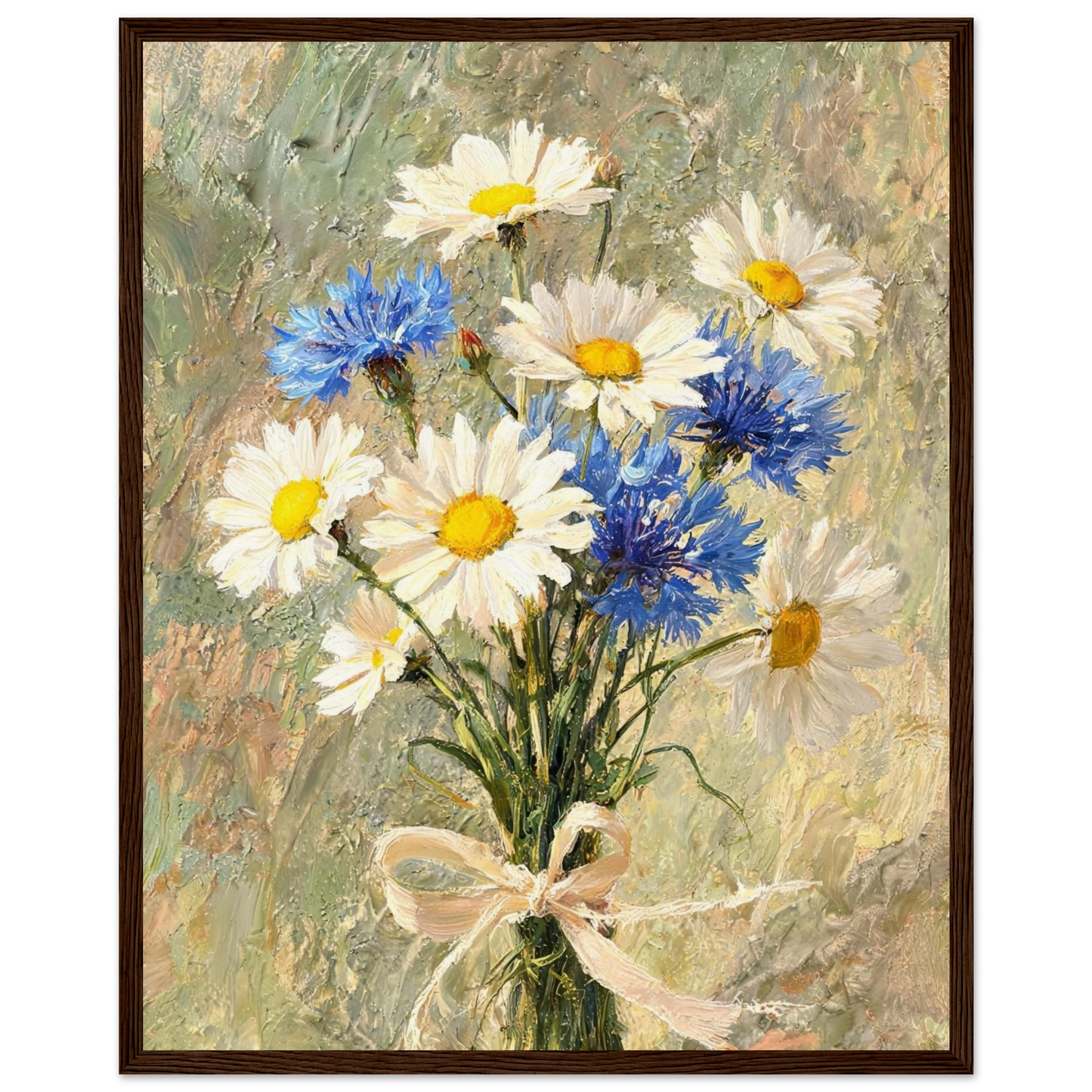 Wooden framed fine art print of an Impressionist daisy and cornflower bouquet showcasing vibrant light and rich tactile textures.