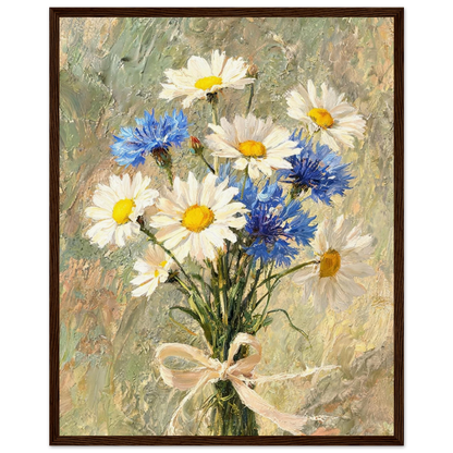 Wooden framed fine art print of an Impressionist daisy and cornflower bouquet showcasing vibrant light and rich tactile textures.