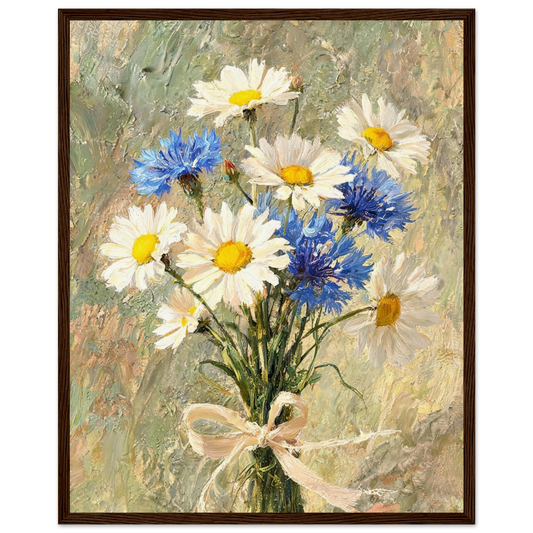 Wooden framed fine art print of an Impressionist daisy and cornflower bouquet showcasing vibrant light and rich tactile textures.