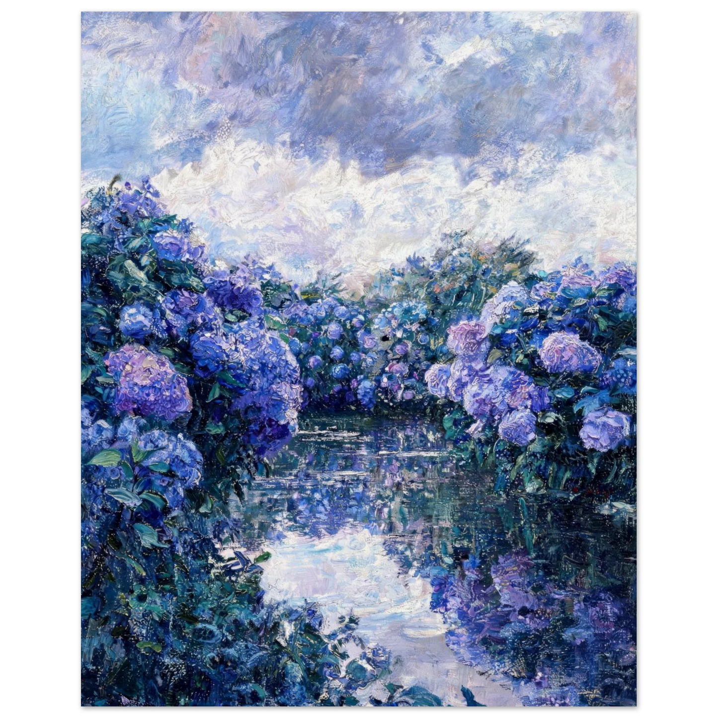 Fine art print of an impressionist oil painting featuring blue and purple hydrangeas along a reflective riverbank under a soft sky.